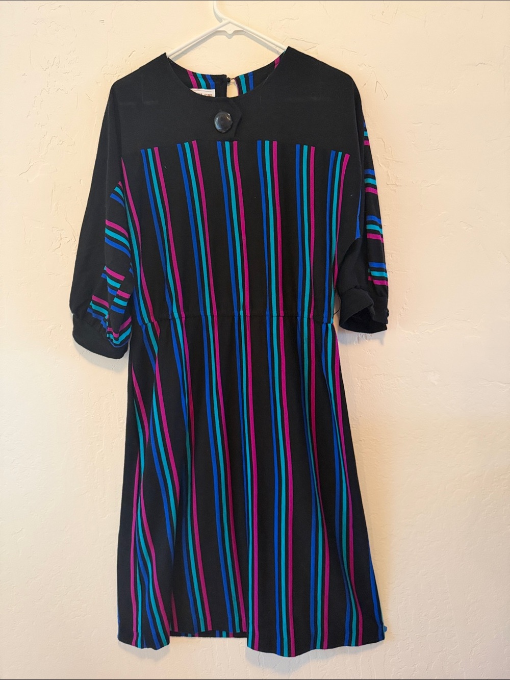 Vintage 80s Sally III Black Striped Midi Dress Size L